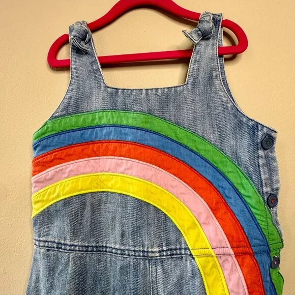 MINI BODEN Denim Rainbow Overalls Jumpsuit 6-7 122cm Blue Overall Clouds Bows - Picture 3 of 10